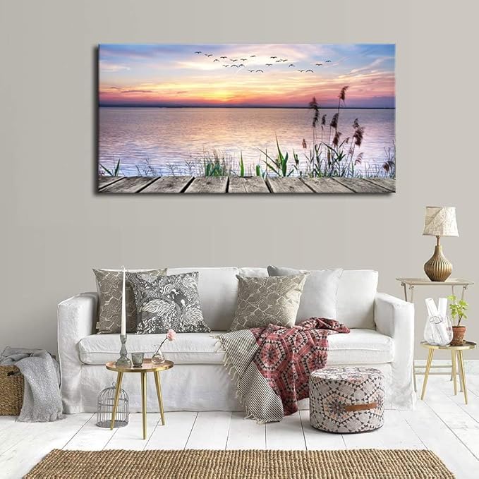 Yearainn Sunset Lake Wall Art - Nature Landscape Canvas Pictures, Wooden Dock Reed Grass Painting Print Flying Birds Artwork for Living Room, Bedroom, Home Office Wall Decoration 29" x 58"