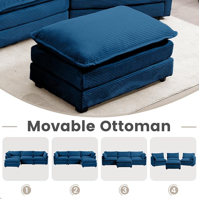 ROWHY Oversized Modular Sectional Sofa with Movable Ottoman, 112 Inch 4 Seat Modern Corduroy Sofa Set, Convertible L Shaped Couch for Living Room and Office, Navy Blue