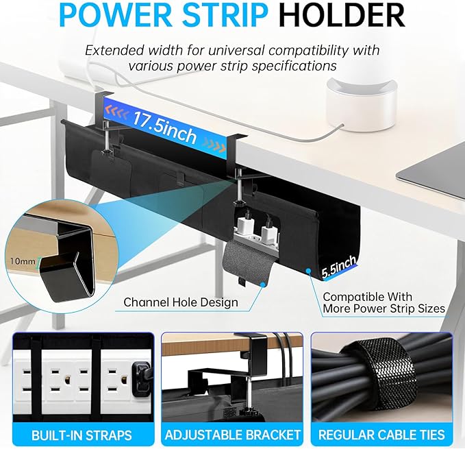 Under Desk Cable Management Tray, 36-inch No-Drill Standing Desk Cable Organizer, Fabric Tray for Power Strips, Adapters & Cables - Black