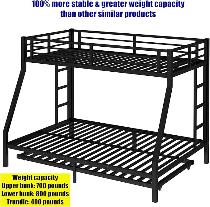 LUCALEO Stronger & Truly Reinforced Heavy Duty Metal Bunk Bed Twin Over Full Size Bunkbed, Thickened More Stable & Safer Steel Bunk Bed Frame with Twin Size Trundle (Greater Weight Capacity)