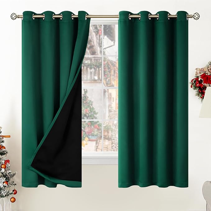 BGment Thermal Insulated 100% Blackout Curtains for Bedroom with Black Liner, Double Layer Full Room Darkening Noise Reducing Grommet Curtain (52 x 63 Inch, Emerald, 2 Panels)