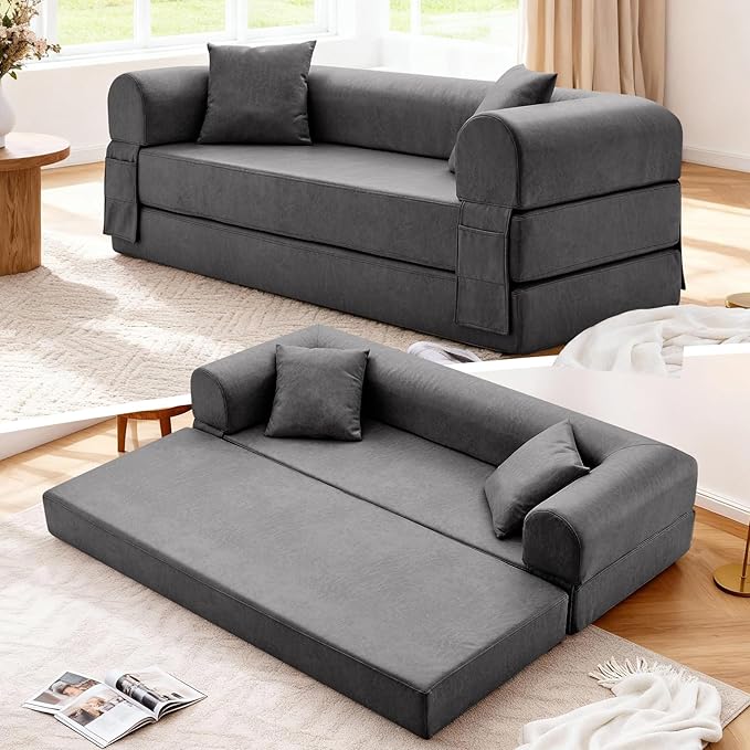 Convertible Folding Sofa Bed,78.5 Inch Faux Leather Futon Couch with Pillows & Storage Pocket,5-in-1 Queen Sleeper Sofa in a Box with Pull Out Bed,Boneless Couch for Living Room Bedroom,Gray