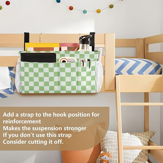 Bedside Caddy Hanging Bunk Bed Caddy Bed Organizer Hanging Pocket with 2 Hooks Bedside Storage Organizer Pocket Bag Holder Checkered Light Green