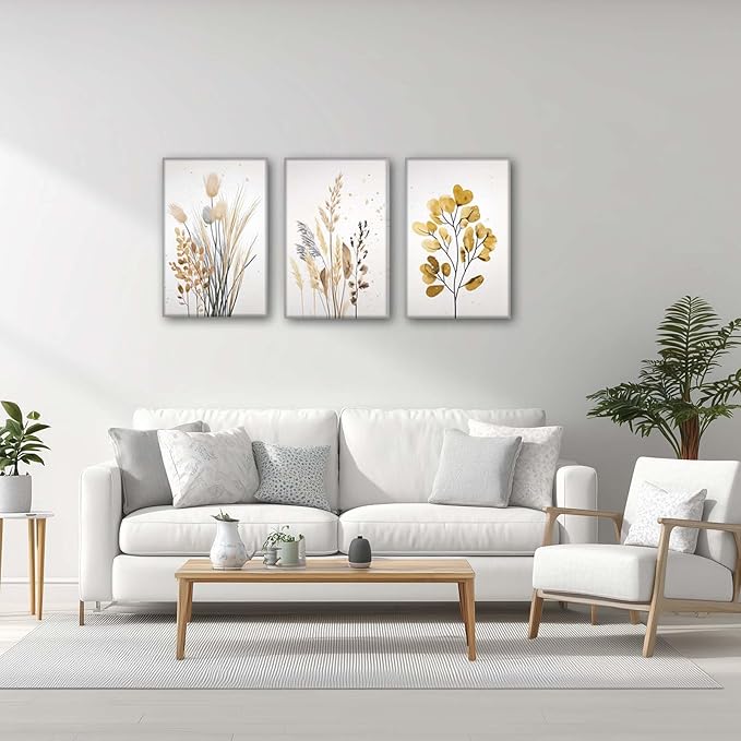 YCJKJDZ Beige Botanical Wrapped Canvas Wall Art Set of 3, Boho Watercolor Wildflower Pampas Grass Poster Neutral Leaf Art Fall Nature plant Prints for Living Room, Bedroom, Office, – 16x24 in