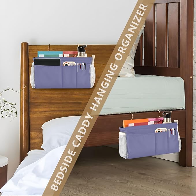 Purple Bedside Caddy Storage Bag Bedside Organizer for College Dorm Top Bunk Bed Hanging Storage Organizer 6 Pockets with Hooks for Book Glasses Phone Holder