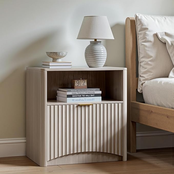 Evermagin Fluted Nightstand Set of 2, Bedside Table with Drawer and Storage, Wood End Table Mid Century Modern, Large Night Stand for Bedroom, White Alder