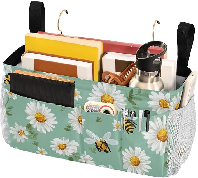 Bedside Caddy Hanging Bunk Bed Caddy Bed Organizer Hanging Pocket with 2 Hooks Bedside Storage Organizer Pocket Bag Holder Mint Green Daisy Flowers and Bees