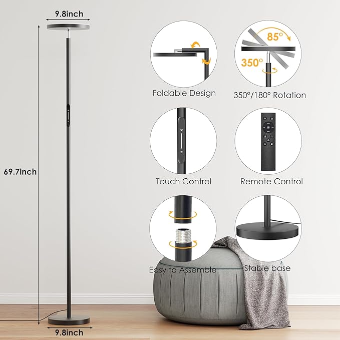 Floor Lamps for Living Room, 32W 3000LM Super Bright LED Torchiere Floor Lamp with Remote & Touch Control, 69" Modern Tall Standing Lamp with 350°Rotating Head for Reading Office Bedroom (Black)