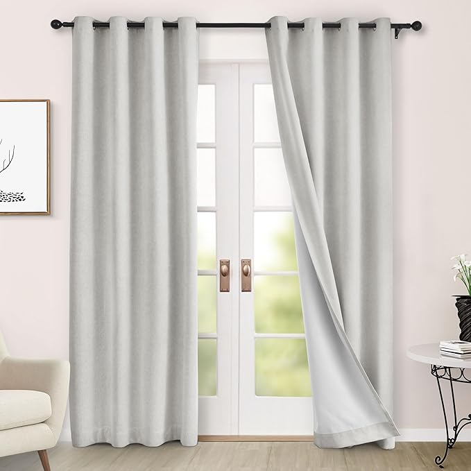 Macochico 100% Blackout Chenille Curtains for Living Room Classic Chenille Window Curtain Panels Thermal Drapes for Bedroom Hotel Grommet Curtains with Tieback White 84" Wx96 L 1 Panel