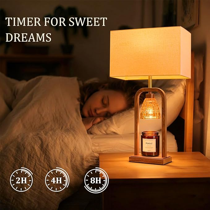 PoKat Farmhouse Table Lamps with Candle Warmer & Timer for Bedroom, Wood-Like Bedside Lamps Set of 2 for Night Stands, 21.5'' Bedroom Lamps Decor for Living Room, Corded Eletric, No Battery