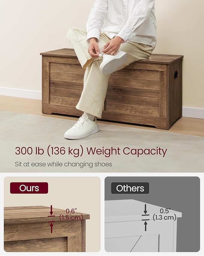 VASAGLE Storage Chest, Storage Bench with 2 Safety Hinges, Farmhouse Style, 15.7 x 39.4 x 18.1 Inches, for Entryway, Bedroom, Living Room, Honey Brown ULSB061K01