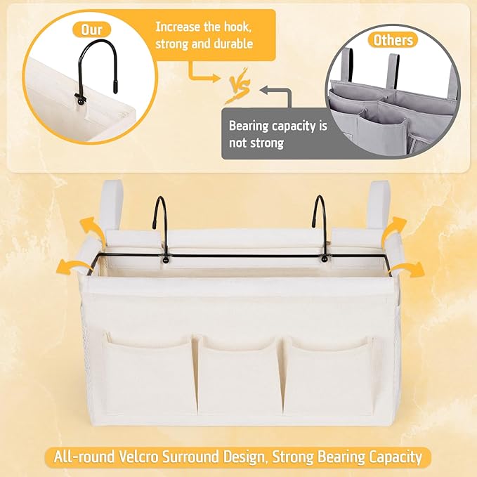 Lilithye Bedside Caddy Storage Organizer with Fixed Straps and Water Bottle Holder for Home, College, Dorm, Bunk/Hospital/Crib Bed Rails, White
