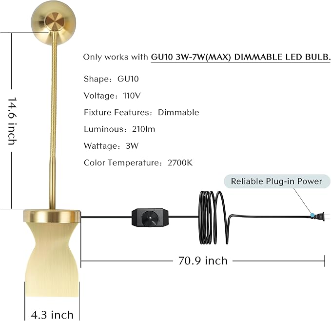 Solfres Patented Innovative Design Headboard Reading Light Pro. No Drilling Book Light for Bedtime Reading. Dimmable LED Book Reading Lamp with Bulb. Movable & Flexible, Gold