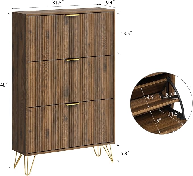 Shoe Cabinet with 3 Flip Drawer, Mid Century Shoe Cabinet Storage for Entryway Slim, Hidden Shoe Storage Cabinet, Freestanding Shoes Rack Organizer for Entryway, Walnut