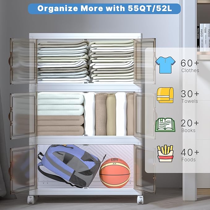 Extra Large Stackable Storage Bins with Lids&Wheels,165QT-55QT/14GAL*3Pack Collapsible Container Closet Organizers,Plastic Stackable Storage drawers for bedroom Dorm