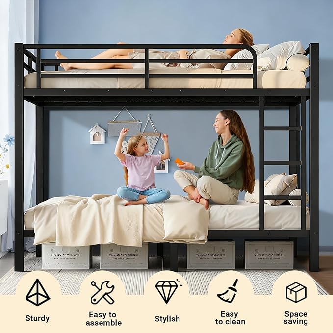 Twin Over Twin Bunk Bed Frame, Heavy Duty Metal Loft Bed for Adults/Teens, 250/400LB Capacity w/Ladder & Guardrail, Noise-Free Steel Slats, No Box Spring Required, Black