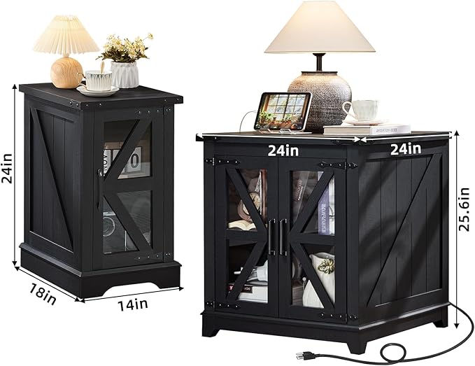 Farmhouse End Table Set 3, Narrow 18'' Night Stand with Glass Barn Door, 24" Square Side Table with Charger Station, Living Room Furniture Sets, Wood Nightstand Bedside Tables for Bedroom