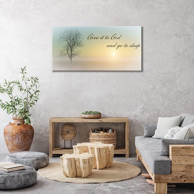 Misty Sunset & Tree Plant Picture For Bedroom Above Bed,Large White Country Wood Sign For Bathroom Canvas Wall Art,Give It To God And Go To Sleep Artwork Decor,Gallery Wrapped Gift,Inner Frame(24x48)