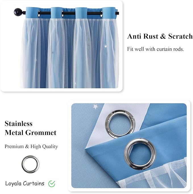 Star Double Layer Blackout Curtains for Bedroom, Kids - Cute, 72 Inch Long 2 Panel Set, Blue, 42 x 72 Inch