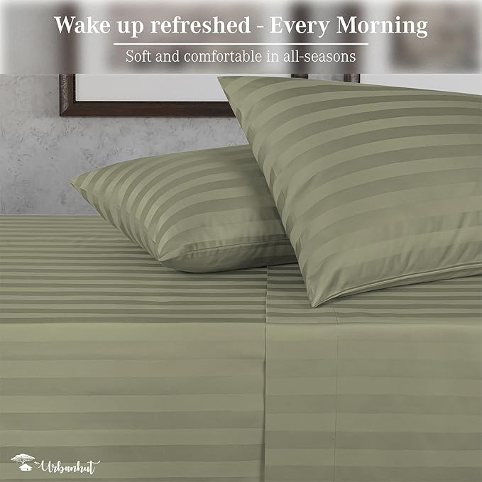 URBANHUT 800 Thread Count 100% Cotton Damask Queen Size Sheets, 4 Piece Striped Queen Size Bedsheets, Luxury Hotel Sheets Sateen Weave - Better Than Egyptian, 16" Elasticized Deep Pocket- Sage