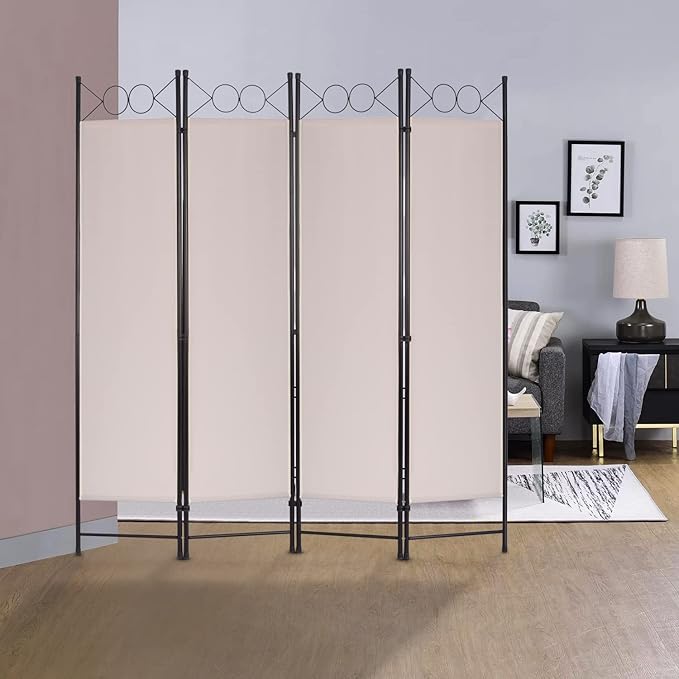 4 Panel Room Divider 6FT Steel Frame Screen Folding Privacy Divider Freestanding Partition for Home Office Bedroom (Tan)