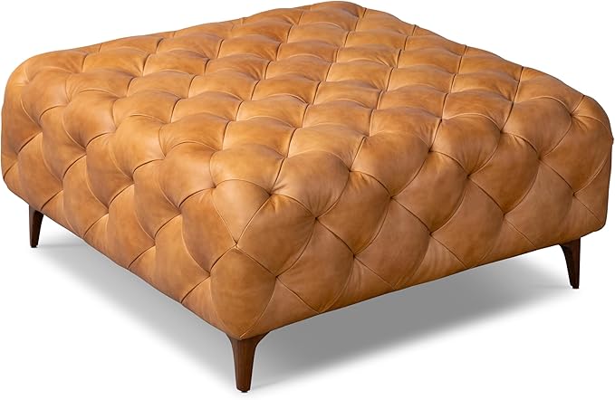 Poly & BARK Turin Ottoman - 40” – Full-Grain Leather Upholstery – Couch Ottoman for Living Room – Vintage Italian Leather in Cognac Tan