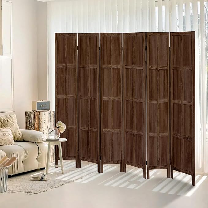 6 Panel Room Divider, 5.6Ft Wood Room Dividers and Folding Privacy Screens, Room Divider Wall Freestanding Room Partitions, Room Dividers Screen for Home Office Bedroom, Dark Brown