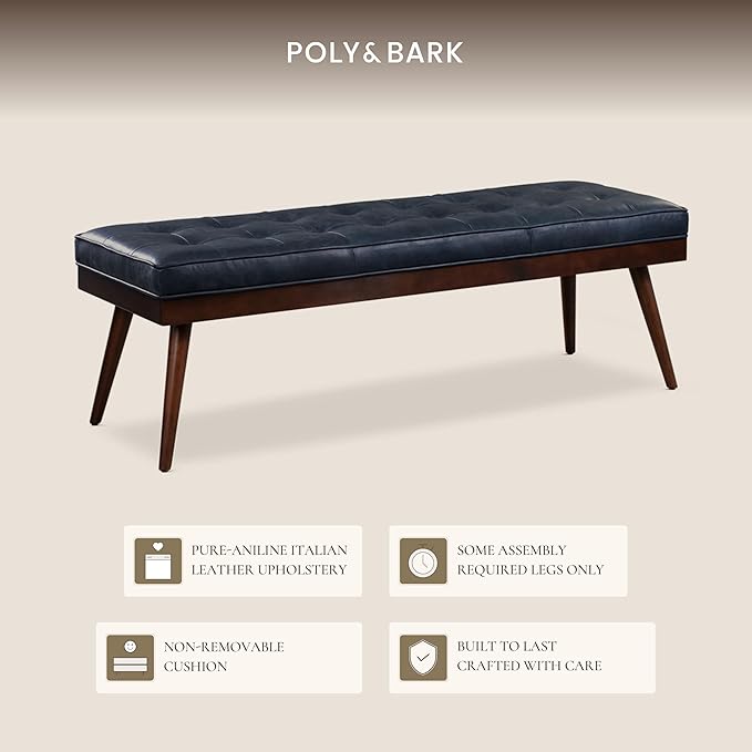 POLY & BARK 55" Tufted Leather Bed Bench for Bedroom End of Bed - Living Room Entry Way Bench - Pure Italian Leather Upholstery with a Solid Wood Frame - Ottoman Bench with Wooden Legs - Midnight Blue