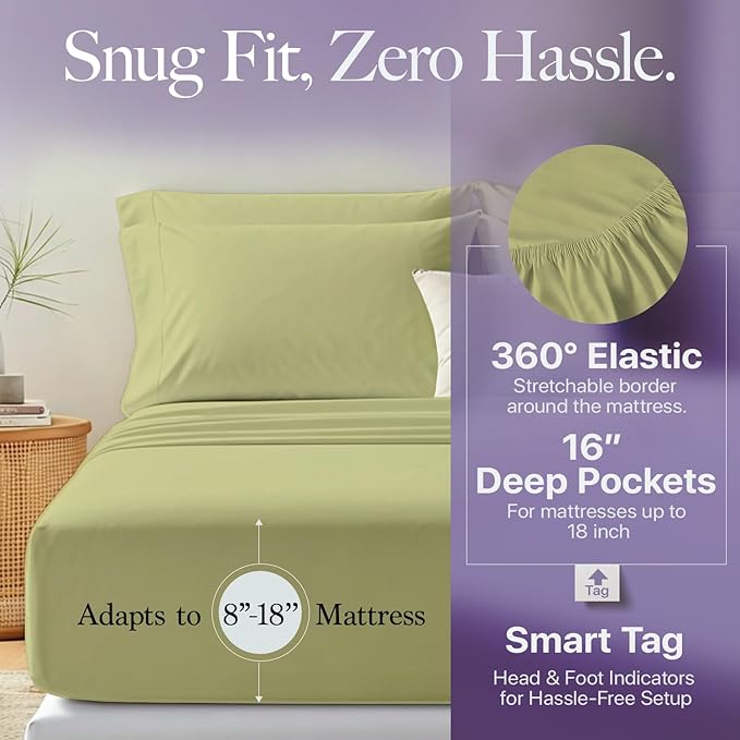 Carressa Linen 100% Egyptian Cotton Twin Sheets Set - 600 Thread Count Egyptian Cotton Luxury Twin Sheets (3 PC, Herb Garden), 16" Deep Pocket, Soft, Cooling, Sateen Weave College Dorm Room Bedding