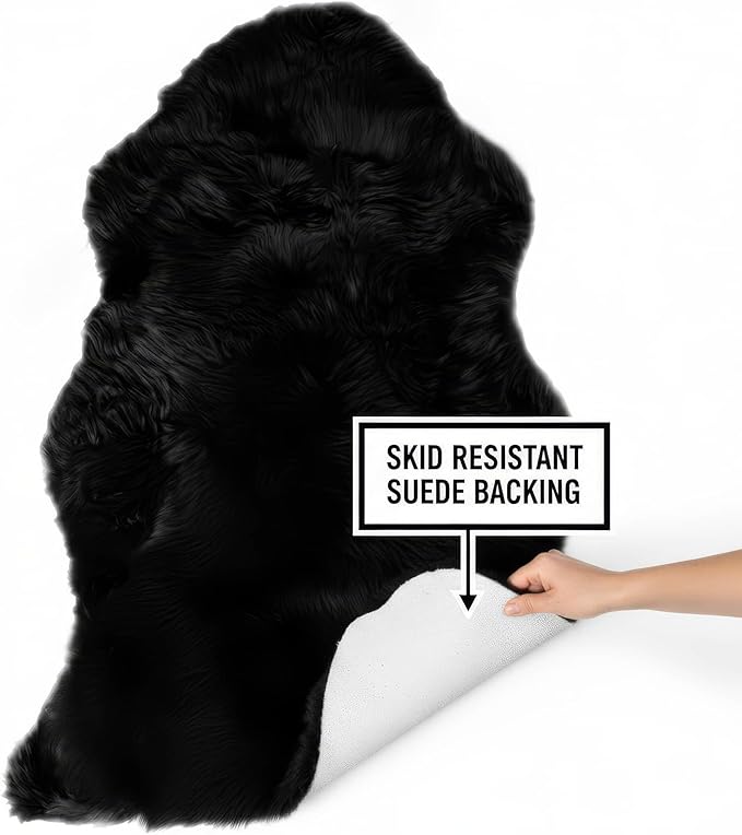 Super Area Rugs Black Sheepskin Rug Genuine Single 2x3ft Pelt Fluffy Fur Seat Cushion and Chair Cover