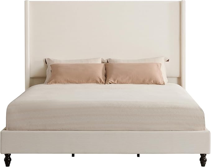 Queen Bed Frame with 63" Tall Headboard, Horizontal Fine Corduroy Bed Frame with Wingback, Upholstered Platform Bed, Vintage Solid Wood Gourd Legs, No Box Spring Needed, Cream