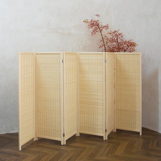 6 Panel Short Room Divider Screen,Beige Freestanding Partition,Small Bamboo Panel Divider for Room Seperation,3.95 FT Tall