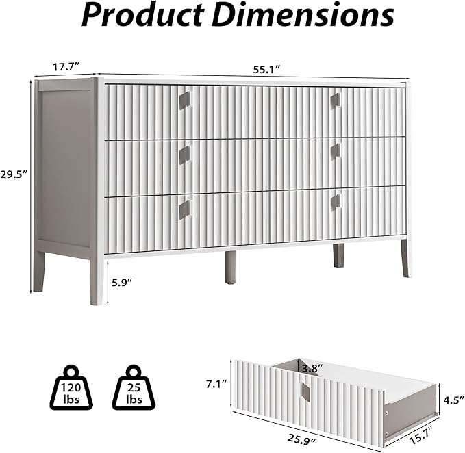Fluted 6 Drawer Dresser for Bedroom, 55.1" Wide Modern Chest of Drawers with Solid Wood Legs, Versatile Storage Cabinet for Living Room, Office, Hallway, White