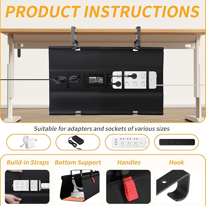 No Drill Under Desk Cable Management Tray, 28" Cord Organizer with Clamp, Fabric Cable Management for Standing Desks, Ideal for Home & Office - Black