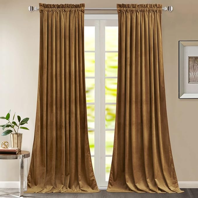 StangH Gold Brown Velvet Curtains 96 inches for Living Room, Room Darkening Thermal Insulated Privacy Drapes for Sliding Door, Vintage Wall Backdrop for Holiday, W52 x L96, 2 Panels