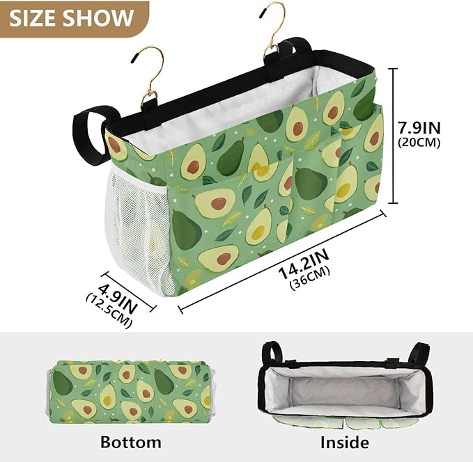 Bedside Caddy Hanging Bunk Bed Caddy Bed Organizer Hanging Pocket with 2 Hooks Bedside Storage Organizer Pocket Bag Holder Green Avocado and Leaf
