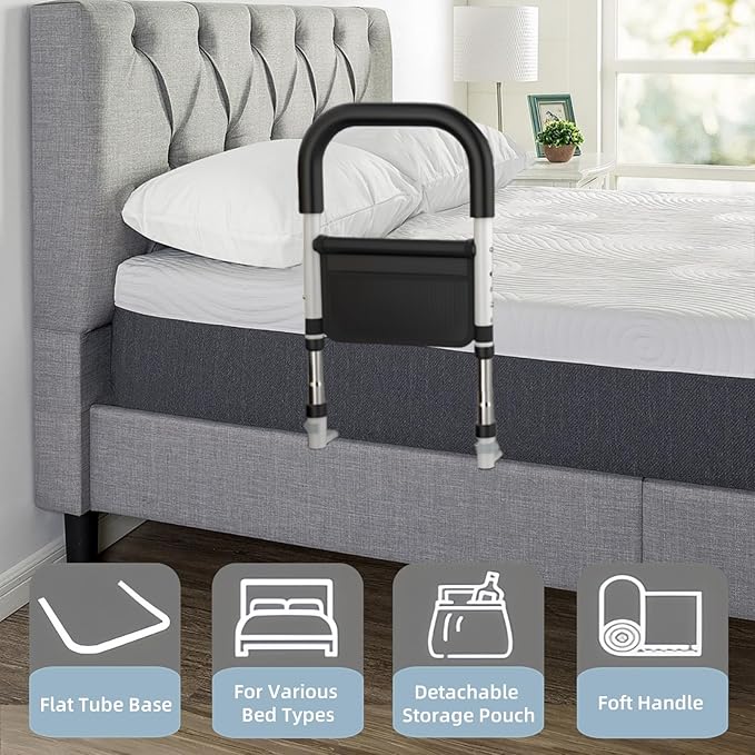 Bed Rails for Elderly Adults Safety, Medical Bed Assist Rail for Seniors, Bedrails for King Twin Full Size Bed, Height Adjustable Bedside Railing Grab Bar Handle with Storage Bag