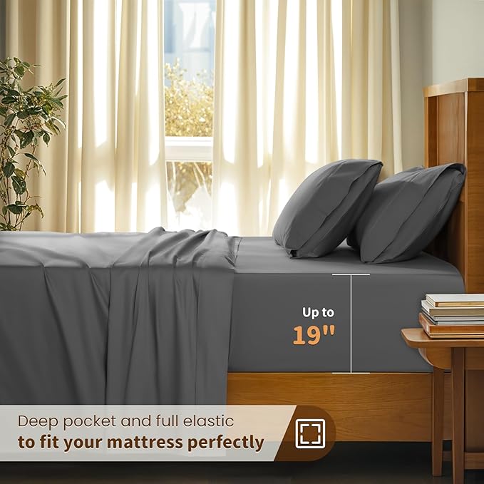 LBRO2M 100% Cotton Sheets Set Deep Pocket 19", 1000 Thread Count Queen Size 4 Piece Bed Sheet Sets Soft Comfortable Bedding All Season (Queen, Dark Grey)