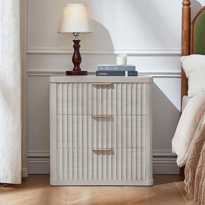 LEYAOYAO Fluted Nightstand with Charging Station, 23" Wide 3 Drawers Night Stand,LightGrey End Table with Open Storage,Farmhouse Bed Side Tables, Wood Dresser for Bedroom, Living Room, Closet