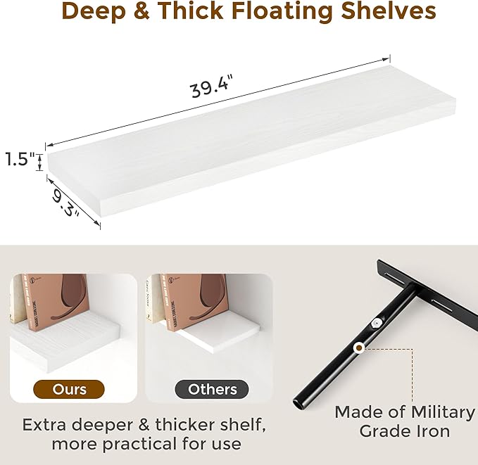 40 Inch Floating Shelves for Wall, 9.3 Inch Deep Shelves for Books & Decor, Wall-Mounted Floating Shelf 40 Inch Long Set of 2, Rustic Wooden Shelf for Living Room, Bedroom, Kitchen, White