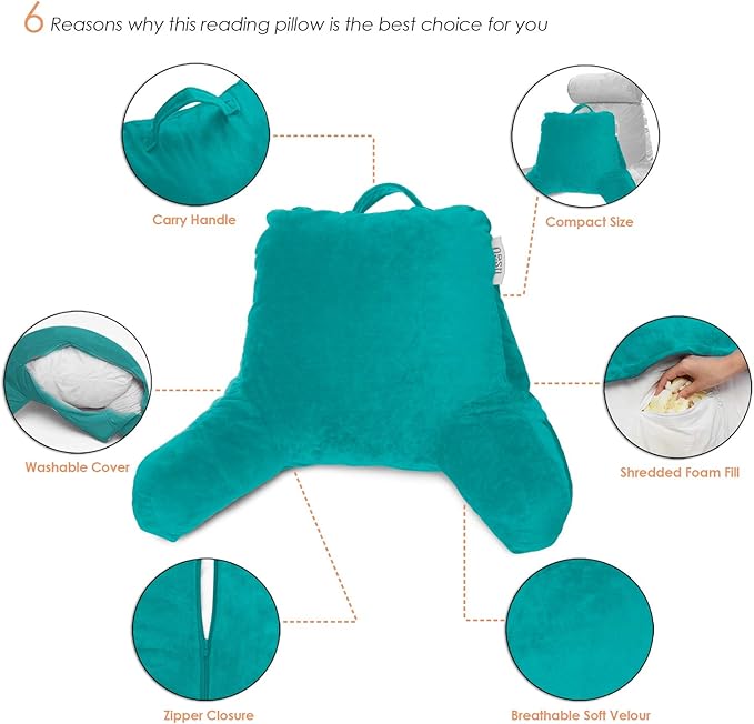 Nestl Reading Pillow with Shredded Memory Foam, Designed for Sitting Up in Bed and Couch, Back and Arms Adjustable Support for Adult & Teens Backrest Pillows for Reading, with Washable Cover Teal
