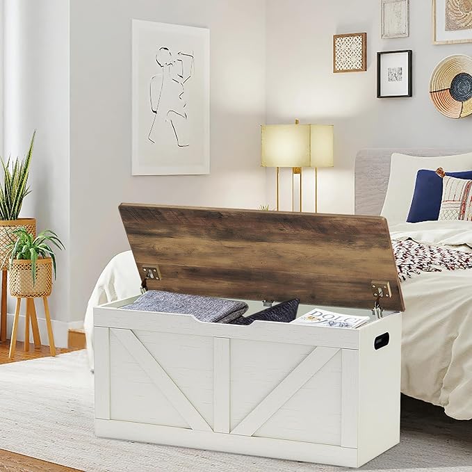 Timberer 39.4" Storage Chest, Wooden Storage Bench, Large Storage Trunk with 2 Safety Hinges, Entryway Shoes Bench for Living Room, Bedroom, Brown and Rustic White