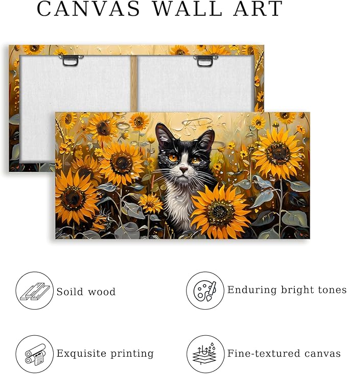 SERIMINO Large Wall Art Canvas Prints, Sunflower Cat Wall Art Aesthetic, Cute Animal Modern Home Decor Paintings, Yellow Landscape Pictures Wall Decor Living Room Dining Room Office Decor 20"X40"