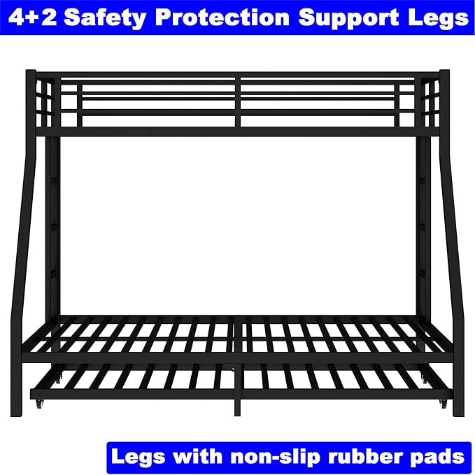 Upgraded Version Thicken Heavy Duty Metal Twin XL Over Queen Bunk Bed with Twin Size Trundle, Modern Style Stronger Twin Over Queen Bunk Bed Frame for Adults, Easy Assembly (Twin XL/Queen)