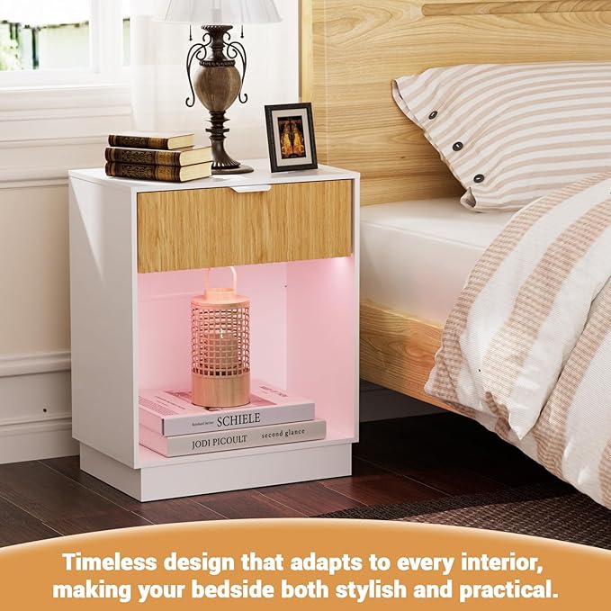CMFYDAILY Fluted Nightstands Set of 2 with Charging Station & Built-in LED Lights, Bedside Tables with Wave Pattern Drawer & Open Shelf, Safe for Kids, Bedroom Storage
