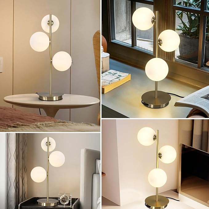 Modern Glass Globe Table Lamp 3 Lights Mid Century Small Gold Desk Lamp Contemporary Minimalist Brass Bedside Table Lamps with White Glass Shade Reading Lamp for Bedroom Office G9 MTL03-W