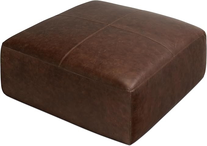 Poly & BARK Sequoia Ottoman – 35” Square Pouf with Feather-Down Topper – Full-Grain Leather Upholstered Pouf Ottoman for Living Room – Vintage Italian Leather in Chocolate Brown