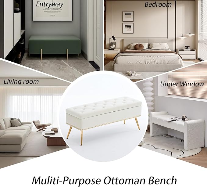 Velvet Storage Bench with Gold Legs& Nailhead Trim, 46" Wide Upholstered Modern Bedroom Bench for End of Bed, Tufted Ottoman for Entryway Living Room Dining Room (Ivory White, 46" Wide)