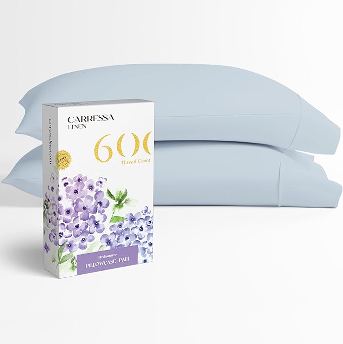 Carressa Linen 100% Egyptian Cotton Pillow Cases Queen Size Set of 2 - Luxury 600 Thread Count Light Blue Standard/Queen Size Pillowcases, Silky Soft, Cooling Sateen Weave Hotel Quality Pillow Cover