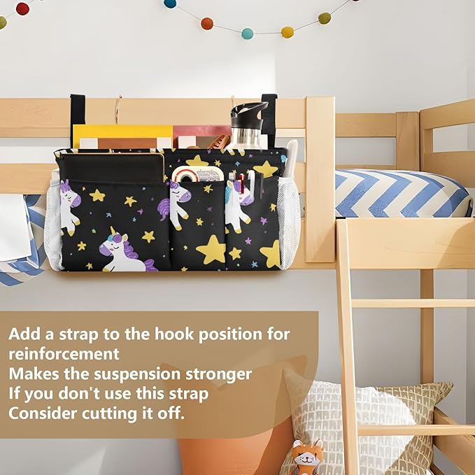 Bedside Caddy Hanging Bunk Bed Caddy Bed Organizer Hanging Pocket with 2 Hooks Bedside Storage Organizer Pocket Bag Holder Cute Unicorns Hearts Black
